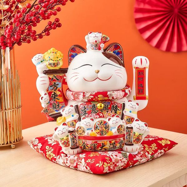 Céramique Maneki Neko chat chanceux décor à la maison agitant la main Feng Shui Fortune Statue Kawaii chambre accessoires 240314