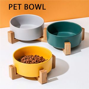 Bol rond en céramique pour chien et chat, plat surélevé Durable pour animaux de compagnie, avec support en bois, 850ML ou 28 onces