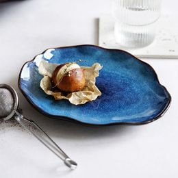 Keramische saladplaat Lrregular Food Dish Kitchen Leveringen Europees Blue Glaze Pottery Dinner Plates Huishoudig servies