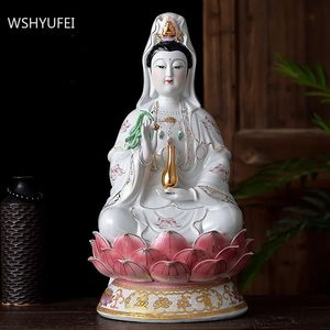 Céramique assis Lotus Nanhai Guanyin Ornements Bouddha Statue Culte décorations Tradition Feng Shui Decoration Accessoires Home 240401