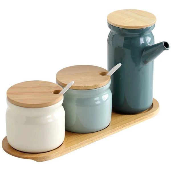Estante de especias de cerámica saltador de pimienta vinagre botella de aceite de azúcar caja de condimentos de condimento especias jarro de almacenamiento cocina para el hogar