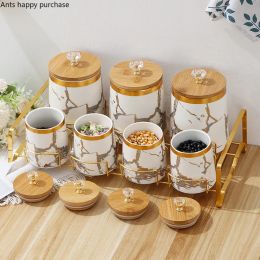 Jar de stockage en céramique 7 pièces Jar étanche à l'air avec couvercle de rangement en bois Boîte de rangement alimentaire