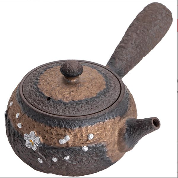 Tetera con colador de cerámica, tetera Retro con asa lateral, tetera de gres dorado plateado de arcilla de roca antigua, juego de té hecho a mano