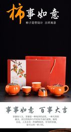 Service à thé en céramique, tout va bien, Pot à kaki, tasse avec boîte-cadeau, ensemble chinois à glaçage coloré