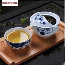 Service à thé en céramique comprenant 1 Pot et 1 tasse, théière élégante Gaiwan, belle et facile, bouilloire en porcelaine bleue et blanche