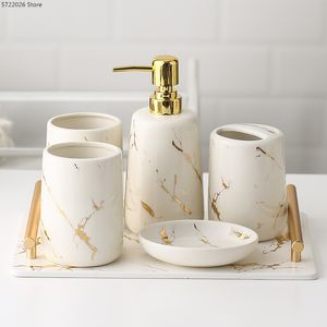 Keramische toiletartikelen badkamer set marmer porselein cup tandenborstel houder zeep dispenser lade decoratie accessoires 220523
