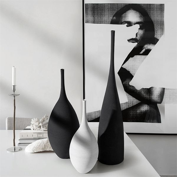 Vase en céramique noir et blanc Design créatif simple fait à la main Art décoration salon modèle chambre Vase décoration maison Decore 220423