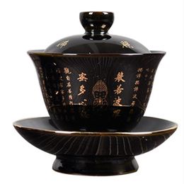 Keramische Zen Gaiwan Boeddha Glazuur Porselein Theeterrine Blauw en Zwart Creatieve Vintage Kung Fu Kom Kop en Schotel264F