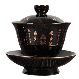 Keramische Zen Gaiwan Boeddha Glazuur Porselein Theeterrine Blauwe en zwarte kleur Creatieve Vintage Kung Fu Bowl Kop en Schotel197x