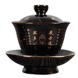 Keramische Zen Gaiwan Boeddha Glazuur Porselein Theeterrine Blauw en Zwart Creatieve Vintage Kung Fu Kom Kop en Schotel299V