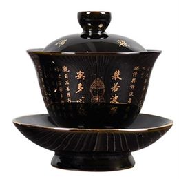 Keramische Zen Gaiwan Boeddha Glazuur Porselein Theeterrine Blauwe en zwarte kleur Creatieve Vintage Kung Fu Bowl Kop en Schotel300A