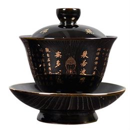 Keramische Zen Gaiwan Boeddha Glazuur Porselein Theeterrine Blauwe en zwarte kleur Creatieve Vintage Kung Fu Bowl Kop en Schotel215s