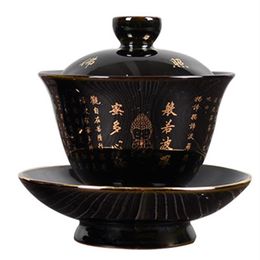 Keramische Zen Gaiwan Boeddha Glazuur Porselein Thee Terrine Blauw En Zwart Kleur Creatieve Vintage Kung Fu Kom Kop en Schotel300n