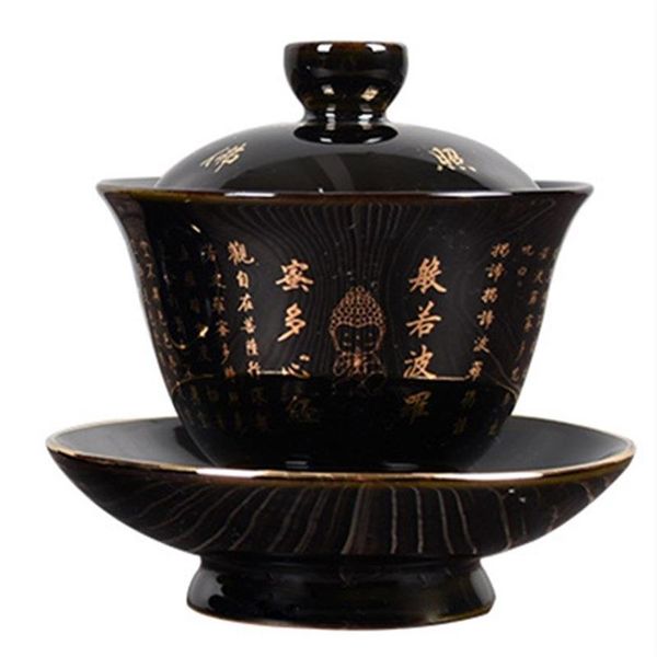 Cerámica Zen Gaiwan Buda esmaltado porcelana té sopera Color azul y negro creativo Vintage Kung Fu tazón taza y platillo 197x