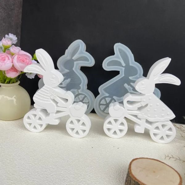 Céramiques Pâques à vélo mignon Rabbit Silicone moule gypse monté enceinte en expansion de décoration de gypse moule aromathérapie