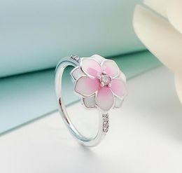 Cerise Emaille Roze CZ Ringen Set Originele Doos voor 925 Sterling Zilver Magnolia Bloom Ring Dames Huwelijkscadeau Sieraden4207643