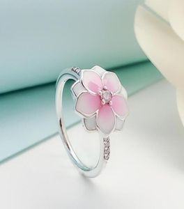 Cerise ENAMEL ROSE CZ RINGS Set Boîte originale pour 925 STERLING MAGNOLIA BLOOM RING Women's Wedding Gift Jewelry6624558