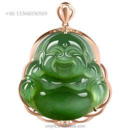 Certificado de grado A Cat Eye Spinach Hetian Green Jade Buddha Rose Gold Pends Natural Men and Women