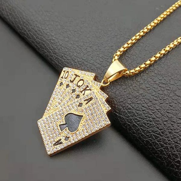 CES HIPHOP Iced Out Playing Carte Straight Flusy Pendant avec 14k jaune chaîne de poker pour hommes