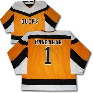 CEUF Slap Shot Movie Ducks #1 Hanrahan Ice Hockey Jersey Heren Borduurwerk Stiksels Aangepast Zet elk nummer en naam truien aanpassen