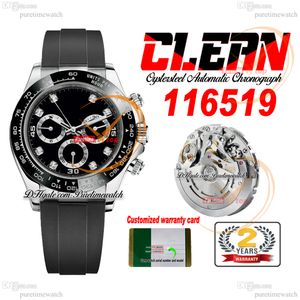 CF Clean Factory SA4130 Montre Homme Chronographe Automatique Acier 1165 Lunette Céramique Cadran Diamants Noirs Bracelet Caoutchouc Oysterflex Version Super Edition Puretime RB01