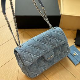 CF Sac à bandoulière en jean pour femme 25 cm à clapet diamant vérifié matériel argenté boucle en métal sac à main de luxe chaîne matelassée sacs à bandoulière trousse de maquillage sac à main