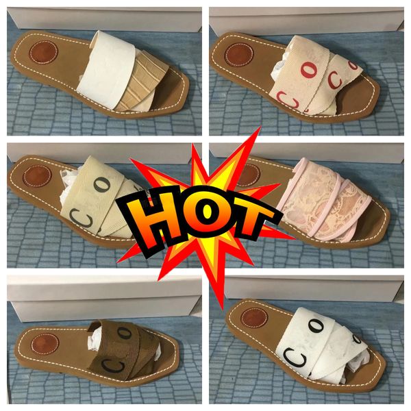 CH Sandles Designer diapositives femmes dame sandales boisées mule moelleuse diapositive beige blanc rose dentelle lettrage toile pantoufles floues chaussures