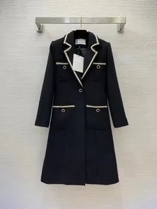 CH01 Haute qualité mode élégant Long noir manteau printemps automne nouveau Design de mode femmes piste fleur bouton Tweed bureau dame poches épais