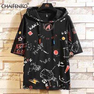 Chaifenko Summer Hooded T-shirts Hombres Impresión de moda Camiseta Tops Tees Harajuku Graffiti Hip Hop Sleeve Short 210714