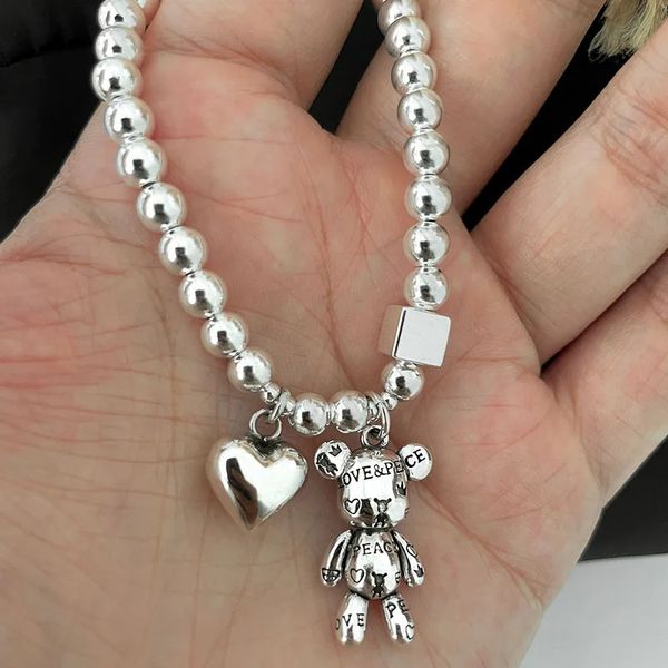 Chaîne 100% solide 925 argent Sterling Hiphop épais coeur ours Bracelet pour femmes hommes Vintage à la main moraillon cadeau d'anniversaire 231027