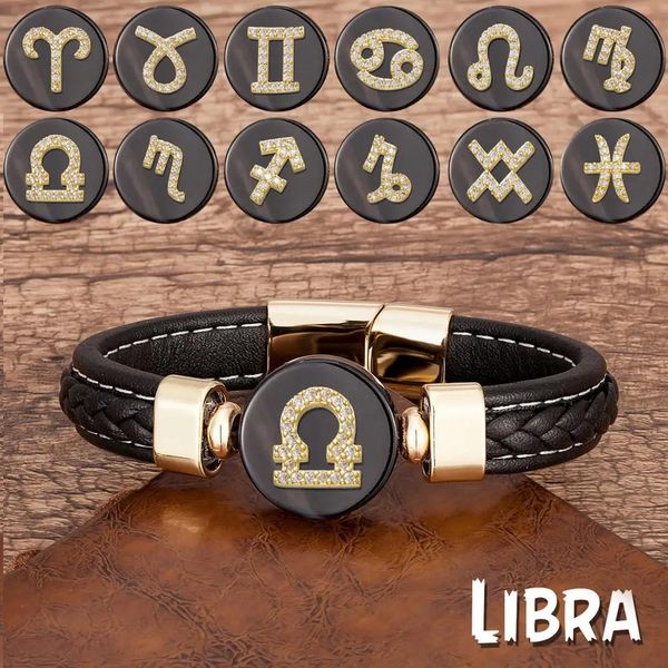 Cadena 12 Constelaciones Signo del Zodíaco Pulsera Cuero Negro Piedra Natural Hombres Pulseras Aries Leo Horóscopo Joyería Regalos de Navidad 231130