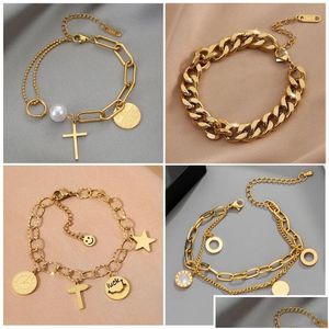 Chaîne en or jaune 14 carats Mtilayer Cross Charm Bracelet pour femmes Punk Street Heart Poignet Bijoux Cadeau Drop Livraison Bracelets Dht48