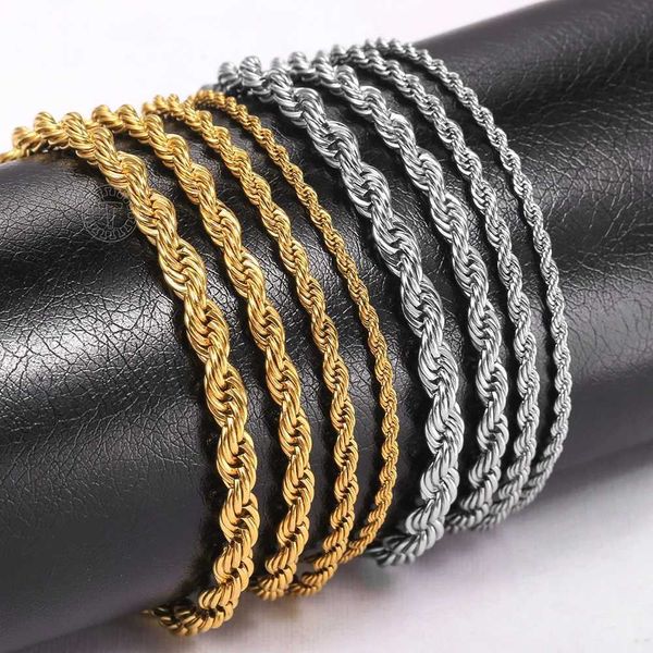 Cadena Pulsera de cadena de cuerda dorada y plateada de 2-6 mm adecuada para hombres y mujeres Cadena de cuerda retorcida de acero inoxidable Puños ajustables DKB682 24325