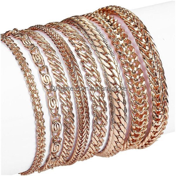 Chaîne 21 Styles 585 Bracelet En Or Rose Pour Femmes Hommes Fille Escargot Gourmette / Tissage Lien Queue Martelé Chaînes De Perles Bismark 20Cm Drop Delive Otufj