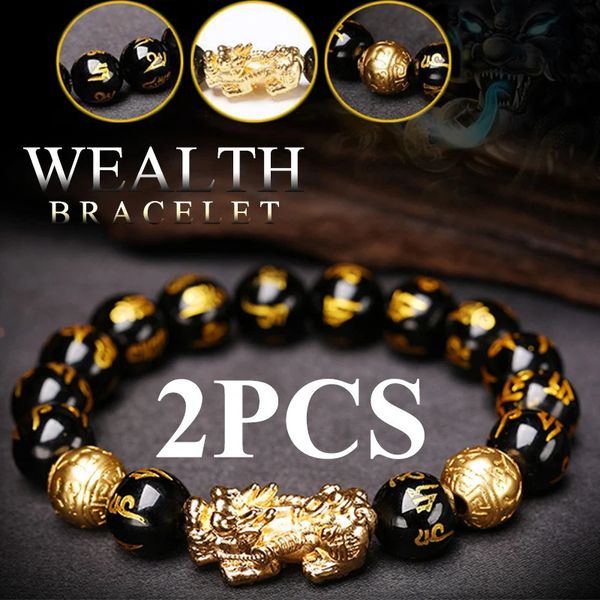 Chaîne 2 pièces Feng Shui noir obsidienne richesse bracelets pour femme hommes perles de pierre u caractère Bracelet bijoux chanceux 231124