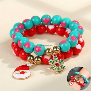 Ketting 2 stks/set 12mm Acryl Hart Kralen Mode Stretch Armband Nieuwste Kerst Kerstman Charm Hanger Vrouwen Armband Set GiftL24