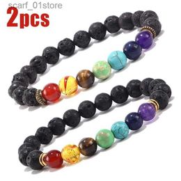 Chaîne 2 pièces/ensemble 7 Chakra Reiki Bracelet en pierre de guérison Yoga équilibre énergie pierres volcaniques naturelles perles bijoux planète Bracelets perlésL231115