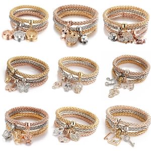 Cadena 3 colores Lote Árbol de la vida Conjunto de pulsera elástica para mujer Búho de cristal Cerradura de llave Nota musical Mariposa Corazón Charm Brazalete Joyería 231117