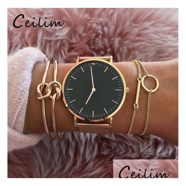 Chaîne 3Pcs / Set Femmes Mode Punk Bracelet Vintage Or Couleur Double Noeud Boucle Métal Bohème Rétro Bijoux Accessoires Drop Delive Dhi4S