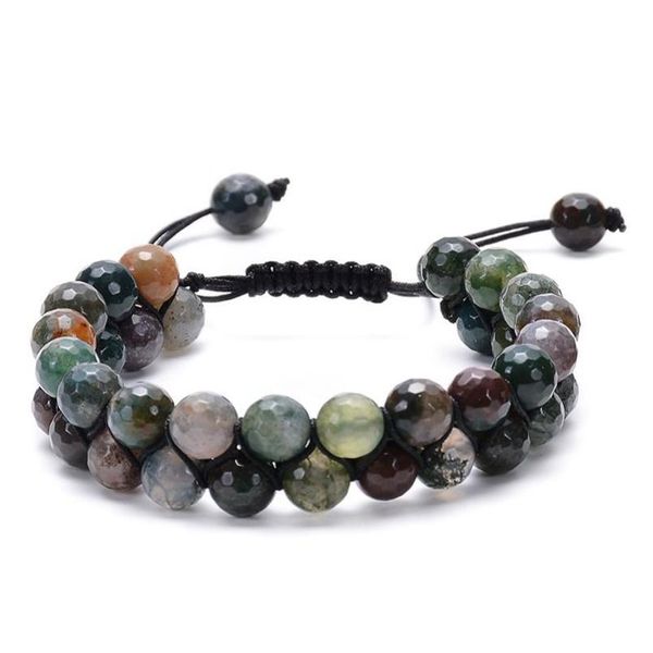 Cadena 6/8 mm Piedra natural Ágata india Pulsera de cuentas de doble capa Cuentas trenzadas a mano ajustables Pareja Pulseras de yoga curativas de energía Dhnlf