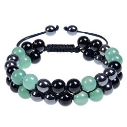 Chaîne 6 mm 8 mm Aventurine verte Hématite Obsidienne Double couche Bracelet tressé à la main Pierre naturelle Cristal Couple Goutte réglable Del Dhae2