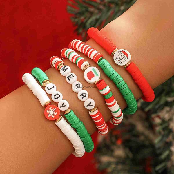 Chaîne 6Pcs Bracelets d'arbre de réveillon de Noël Femmes Thanksgiving Coloré Polymère Argile Lettre Perles Père Noël Apple Bracelets Couple BijouxL24