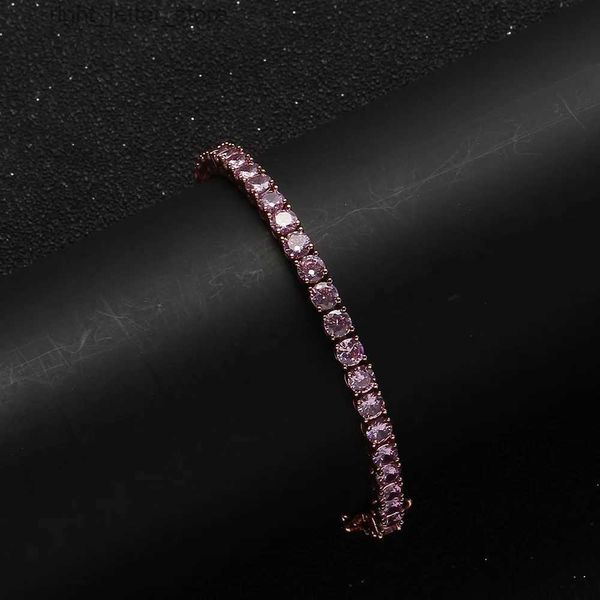 Chaîne 7/8 pouces 3mm Rose rond Zircon Tennis Bracelet en laiton métal par plaque d'or Rose bijoux à la mode Hip Hop Rock chaîne de poignet pour les femmes YQ231208