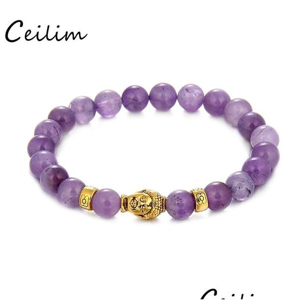 Chaîne 8 Mm Perles Rondes Bracelet Or Bouddha Naturel Améthystes Violet Quartz Pierre Pour Les Femmes Stretch Énergie Nouveau Drop Livraison Bijoux Dhs4Z