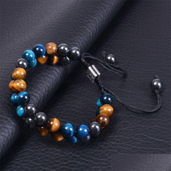 Cadena 8 mm Ojo de tigre Hematita Doble capa Pulsera de piedra natural Árbol de la vida Pulseras ajustables Pulsera Brazalete Joyería Gota DH8PI