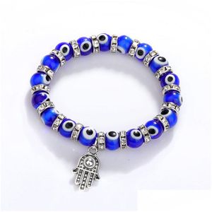 Chaîne 8Mm Turquie Evil Blue Eyes Perles Bracelets Hamsa Main Charme Bracelet Hommes Femmes Mode Bijoux Amitié Drop Delivery Dhgarden Dhzum