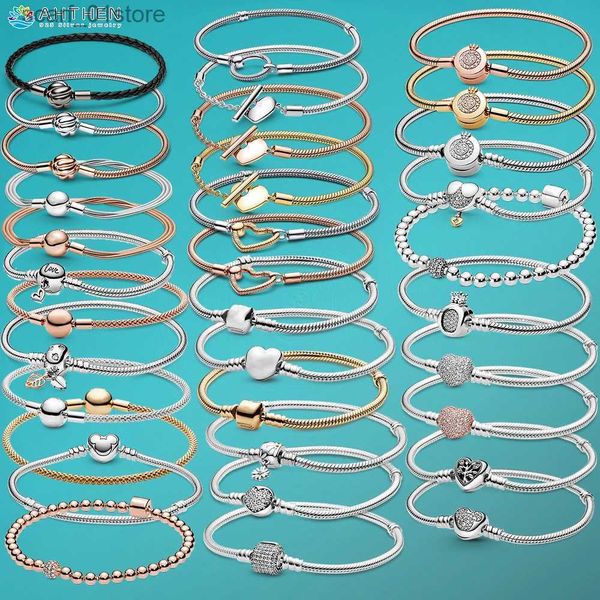 Cadena Ahthen Pulseras de plata de ley 925 Corona O Corazón Barra en T Nudo solidario Pulseras de cadena de serpiente Mujeres Pulseras con dijes de moda L231115