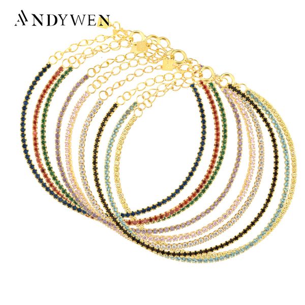 Chaîne ANDYWEN 925 Sterling Silver Rainbow 1.5mm Tennis Chaîne Bracelet De Luxe CZ Fine Jewelry Cadeau De Mariage Doux Solide Bijoux Cadeau 230518