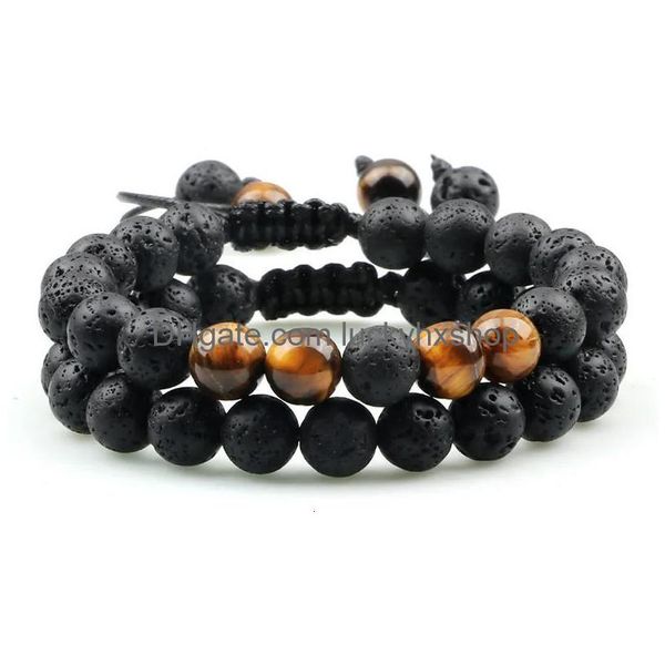 Chaîne Black Lava Stone Crown Charm Tiger Eye Perles Bracelet Pour Hommes Femmes Bracelets Tressés À La Main Réglable Bijoux Pseira Drop De Dhfen