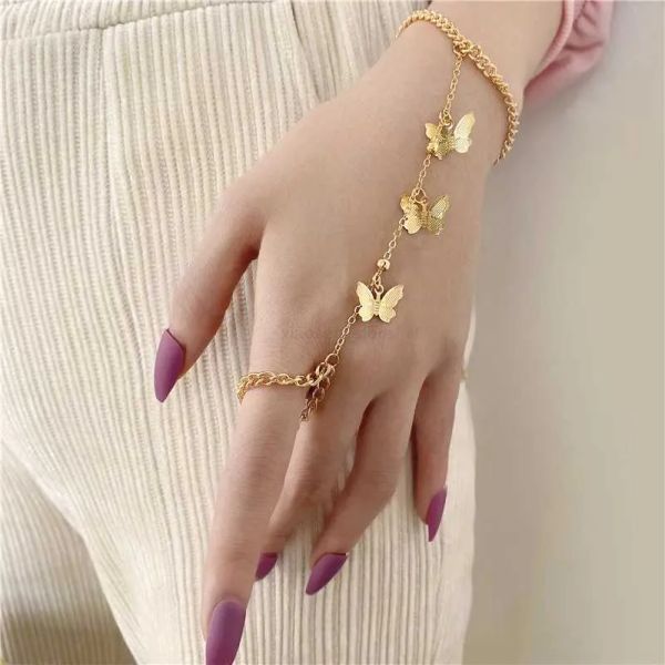 Cadena Boho mariposa pulsera esclava señoras de una sola pieza cadena de color dorado anillo de dedo pulsera mujeres niñas verano playa joyería 2024227